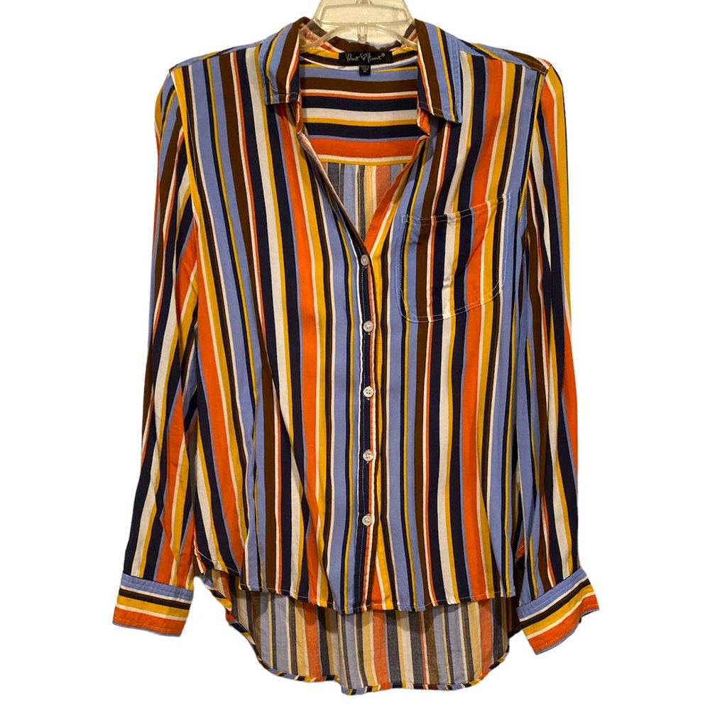 Velvet Heart Button Front Striped Shirt | Blue /Orange/White/Gold | Size M